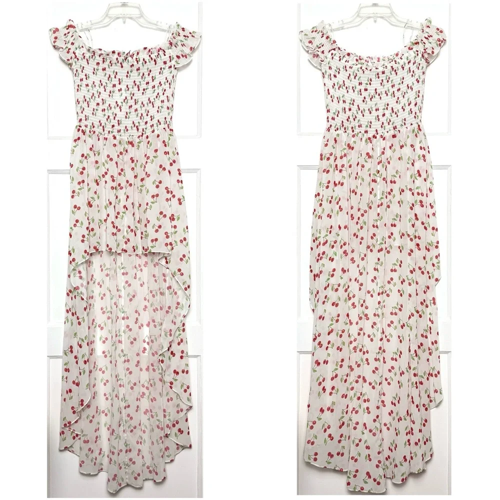 NWT CAROLINE CONSTAS Y2K Cherry Print Smocked Off Shoulder Swim Coverup Dress XS